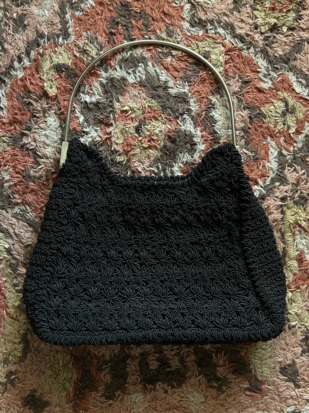 VINTAGE Black Crochet Shoulder Bag with Silver Metal Handle